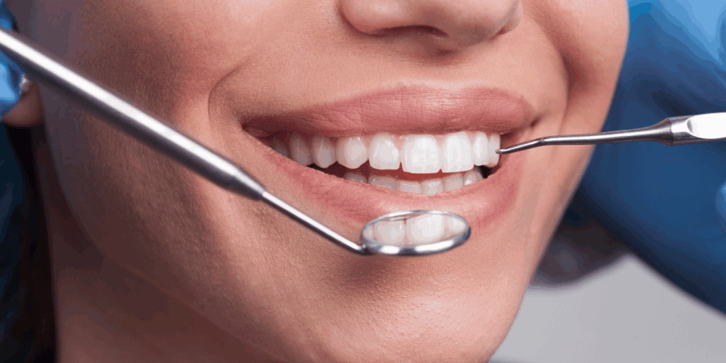 Close-up of healthy white teeth during cosmetic dental treatment for dental tourism
