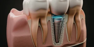 Dental implant placed in the jawbone showing osseointegration and bone support