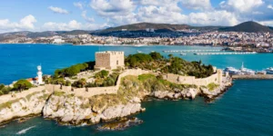 Guvercinada Pigeon Island and Kusadasi coastline on the Aegean Sea
